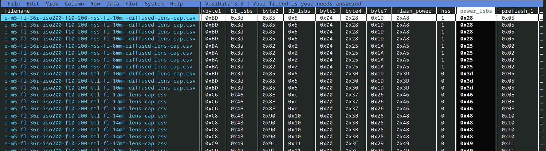 Visidata analysing flash power